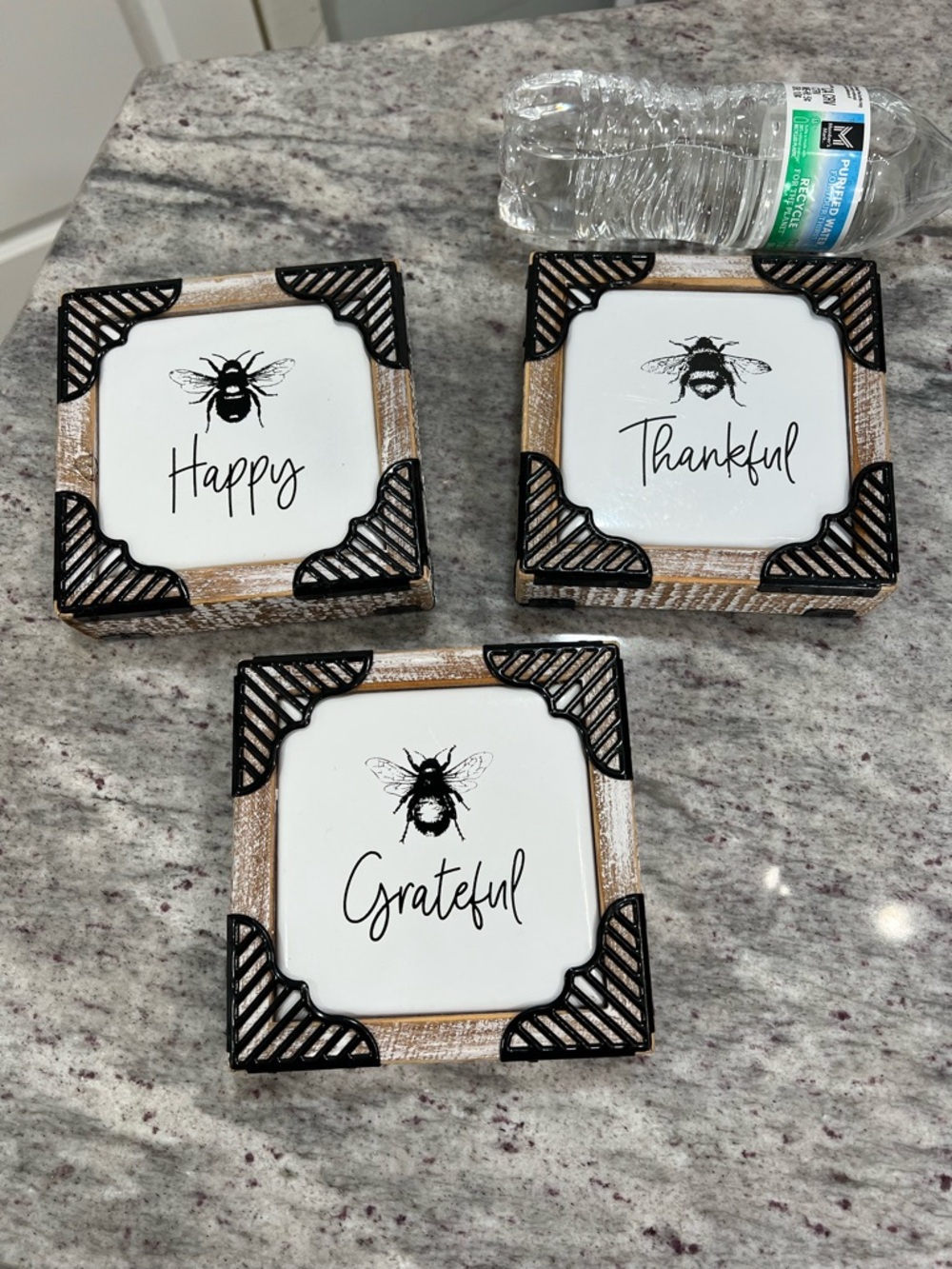 Happy Thankful Grateful Bee Decor - Neutral Wood & Black